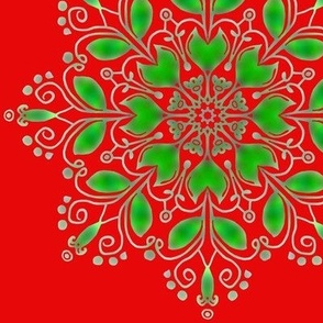 Folk Art Kaleidoscope Tulips Christmas Green on Red 