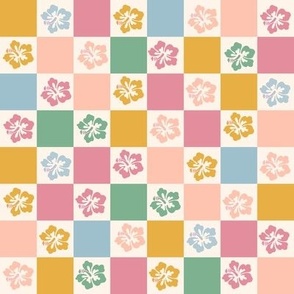 1" hibiscus checker fabric - summer surf checkerboard