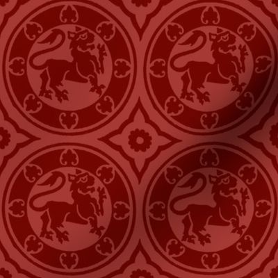 Medieval Lions in Circles, Dark Red 2