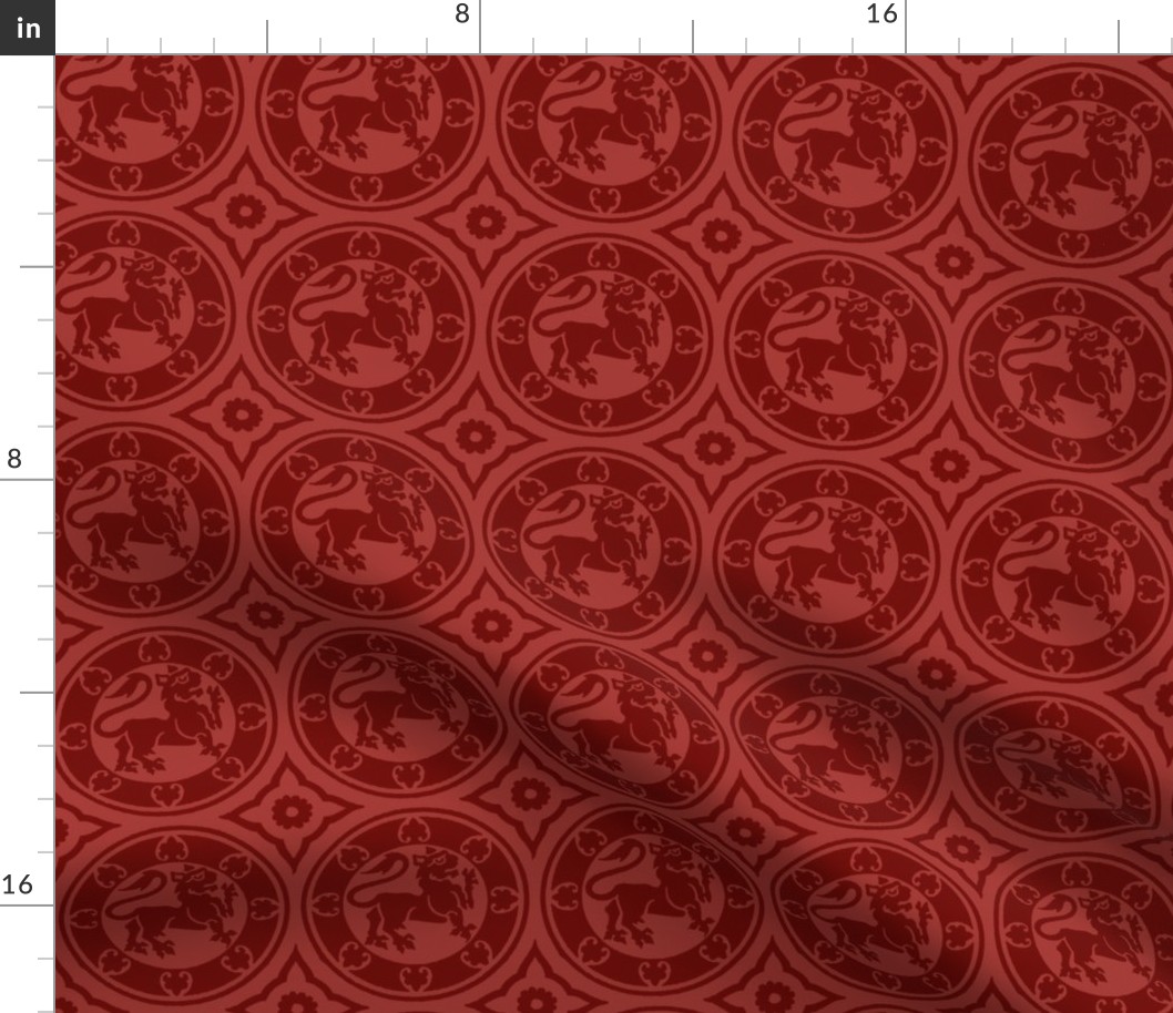 Medieval Lions in Circles, Dark Red 2