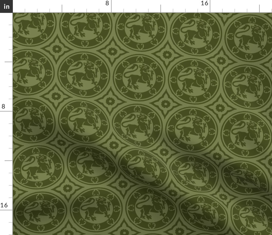 Medieval Lions in Circles, Olive Green