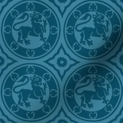 Medieval Lions in Circles, Peacock Blue