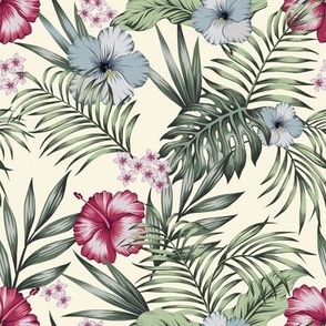 Tropical Pink and Blue Hibiscus and Palm Leaves on Ivory - Coordinate