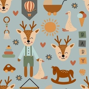boho cute deer and nursery elements on a blue background