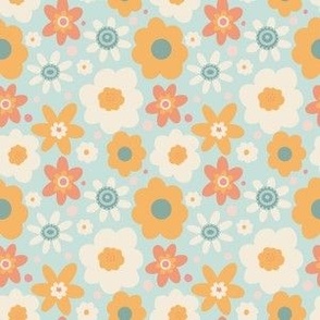 small 70s vintage retro floral in mustard yellow and aqua