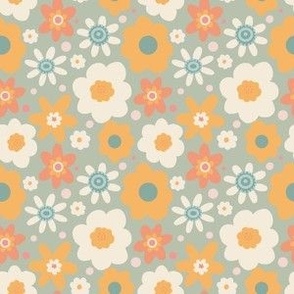small 70s vintage retro floral in mustard yellow and sage green