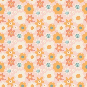 70s vintage retro floral in mustard yellow and blush pink