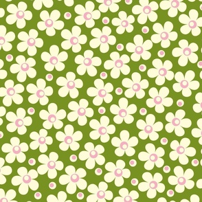 70s Retro Bubble Floral in Green, Soft Pink