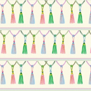 Multicolored Tassels in Watercolor, Fun, Border, Artistic Tassel Fabric, Trim, passementerie, pink, green, blue