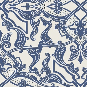 Damask pattern alabaster / navy blue - large scale