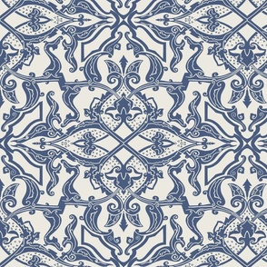 Damask pattern alabaster / navy blue - medium scale