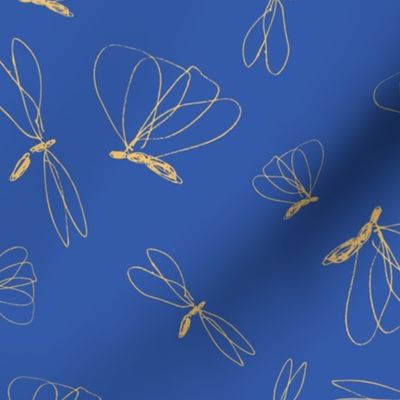(L) 11 x 8.5 Hand-drawn flying doodle bugs, Dijon mustard yellow on cobalt blue