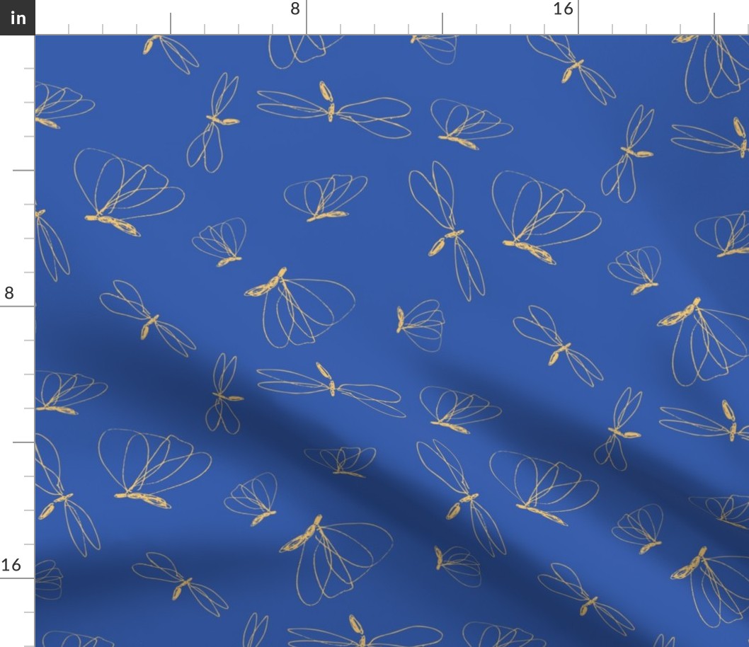 (L) 11 x 8.5 Hand-drawn flying doodle bugs, Dijon mustard yellow on cobalt blue