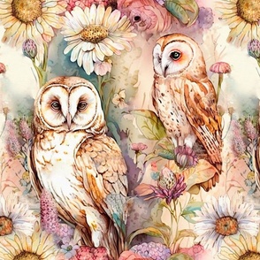 owls in the garden, soft watercolor, large 