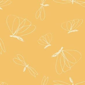 (L) 11 x 8.5 Hand drawn flying doodle bugs, cream on Dijon mustard yellow