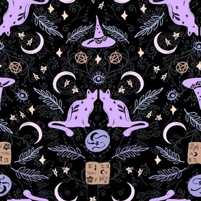 Spooky spells Halloween black cats witches spells stars moon black brown purple by Jac Slade