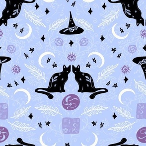 Boho Spooky spells Halloween black cats witches spells stars moon blue purple black by Jac Slade
