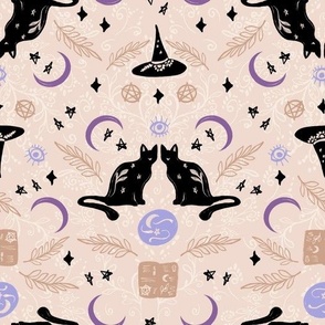 Boho Spooky spells Halloween black cats witches spells stars moon blush pink brown by Jac Slade