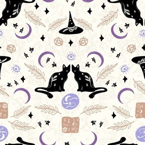 Boho Spooky spells Halloween black cats witches spells stars moon natural white brown blue purple black Regular Scale by Jac Slade