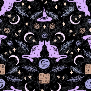 Bohemian Spooky spells Halloween black cats witches spells stars moon black brown purple by Jac Slade