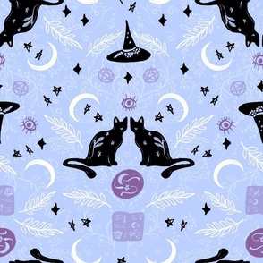 Bohemian Spooky spells Halloween black cats witches spells stars moon blue purple black by Jac Slade