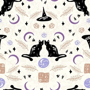Bohemian Spooky spells Halloween black cats witches spells stars moon natural white brown blue purple black by Jac Slade