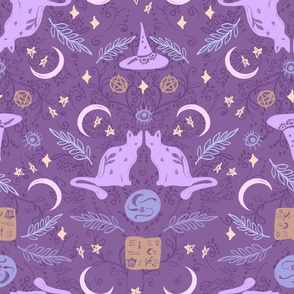 Boho Spooky spells Halloween black cats witches spells stars moon Purple by Jac Slade