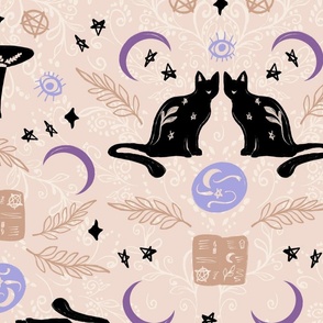 Bohemian Spooky spells Halloween black cats witches spells stars moon blush pink brown by Jac Slade