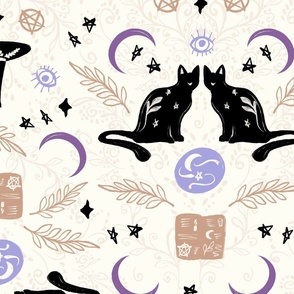 Bohemian Spooky spells Halloween black cats witches spells stars moon natural white brown blue purple black by Jac Slade