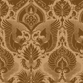 Fancy Damask with Animals, Burnt Caramel