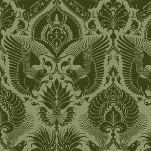 Fancy Damask with Animals, Olive Green