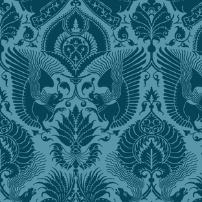 Fancy Damask with Animals, Peacock Blue