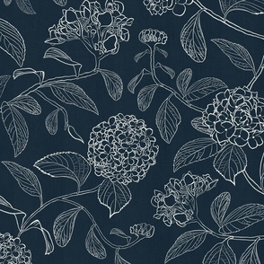Large scale dark navy blue and white trailing floral hydrangea for wallpaper