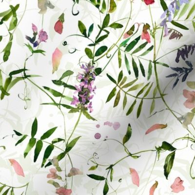 21" Hand painted Watercolor Vines and Climers, Wild Peas, Wildflowers Herbs And Greenery - Perfect for Nursery home decor and wallpaper