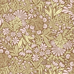 Block Print-Folk Meadow Floral Print on glaze brown Small