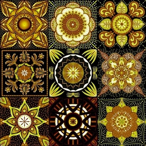 Mediterranean mandala flower tiles 9 grid patchwork handdrawn cottage core 12” repeat yellow, honeycombed brown hues