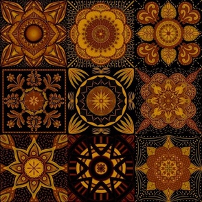 Mediterranean mandala flower tiles 9 grid patchwork handdrawn cottage core 12” repeat  golden brown fall hues 