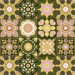 Mediterranean mandala flower tiles 9 grid patchwork handdrawn cottage core 6” repeat yellow, pale  pink, beige and white 