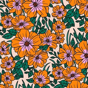 Pansy, Spring Flowers with Outline / Orange Version / Large Scale, Wallpaper