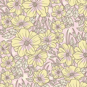 Pansy, Spring Flowers with Outline / Pink Version / Large Scale, Wallpaper