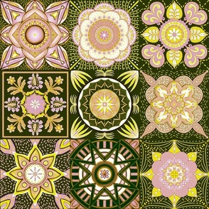 Mediterranean mandala flower tiles 9 grid patchwork handdrawn cottage core 12” repeat yellow, pale  pink, beige and white 