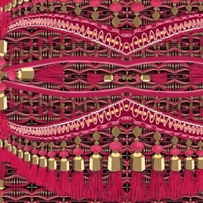 Middle-Eastern-inspired Magenta and Gold Tassels, Beads, and Braiding on Black 