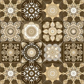 Mediterranean mandala flower tiles 9 grid patchwork handdrawn cottage core 6” repeat chocolate brown, cream and white hues 