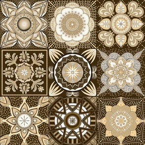 Mediterranean mandala flower tiles 9 grid patchwork handdrawn cottage core 12” repeat chocolate brown, cream and white hues 