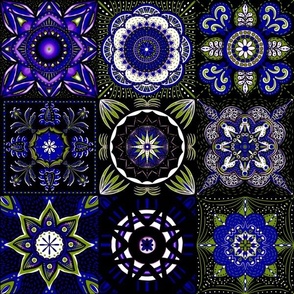 Mediterranean mandala flower tiles 9 grid patchwork handdrawn cottage core 12” deep purple, indigo, white and pale moss