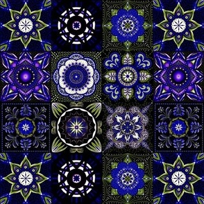 Mediterranean mandala flower tiles 9 grid patchwork handdrawn cottage core 6” repeat indigo purple velvet green and white hues 