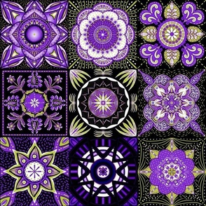 Mediterranean mandala flower tiles 9 grid patchwork handdrawn cottage core 12” repeat lavender, lilac, lime green and white