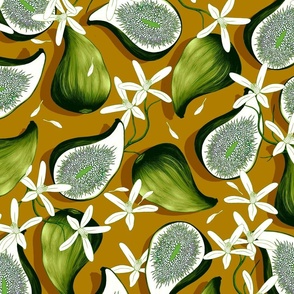 Flowers and fruits of figs, green on a bright mustard background, the new version, large scale