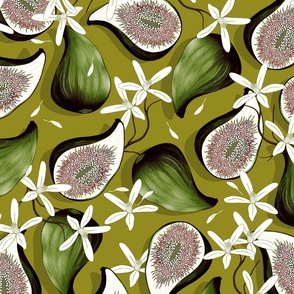 Flowers and fruits of figs, green on a green background, the new version, large scale