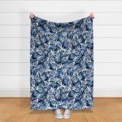 Flowers and fruits of figs, dark blue on a blue background, the new version, large scale